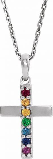 14K White Multi-Gemstone Cross 16-18 Necklace