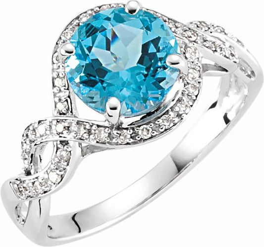 14K White Swiss Blue Topaz & 1/6 CTW Diamond Ring