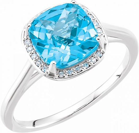 14K White Swiss Blue Topaz & .055 CTW Diamond Halo-Style Ring