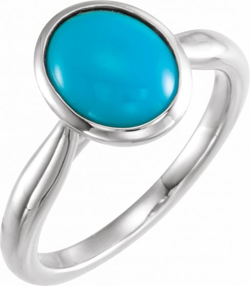 14K White 10x8 mm Oval Cabochon Turquoise Ring