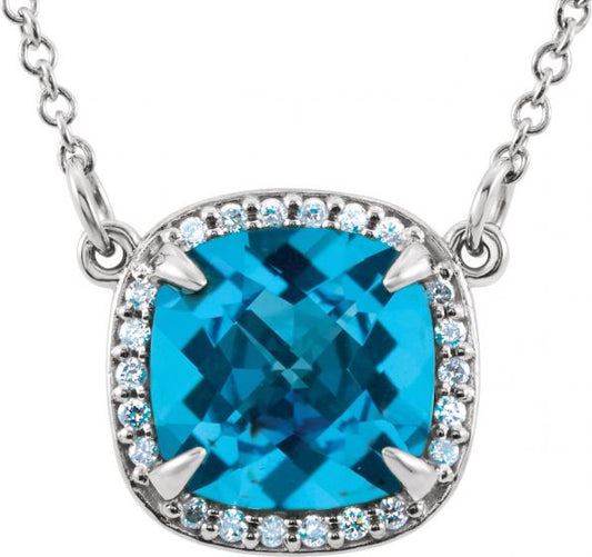 14K White Swiss Blue Topaz & .06 CTW Diamond 16 Necklace