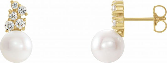 14K Yellow Freshwater Cultured Pearl & 3/8 CTW Diamond Earrings