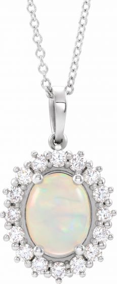 14K White Ethiopian Opal & 1/3 CTW Diamond Halo-Style 16-18 Necklace