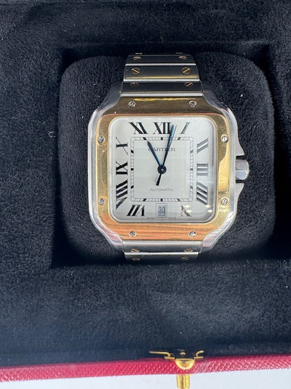 CARTIER SANTOS LARGE 40MM TWO TONE GENTS WATCH WITH DATE COMPLETE IN BOX REF# 4072 - pre-owned