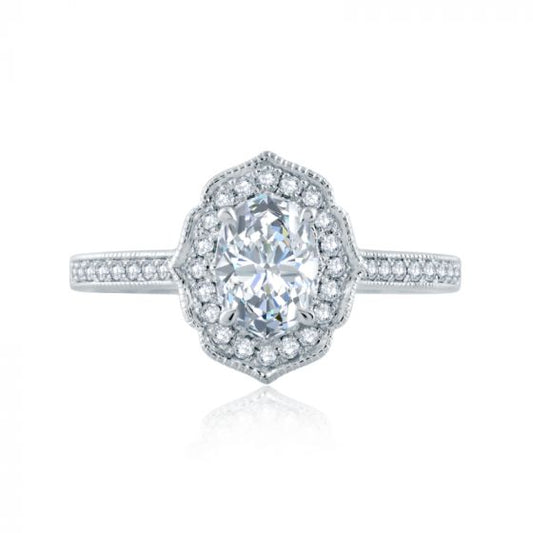 A. Jaffe Floral Inspired Milgrain Detail Halo Oval Engagement Ring