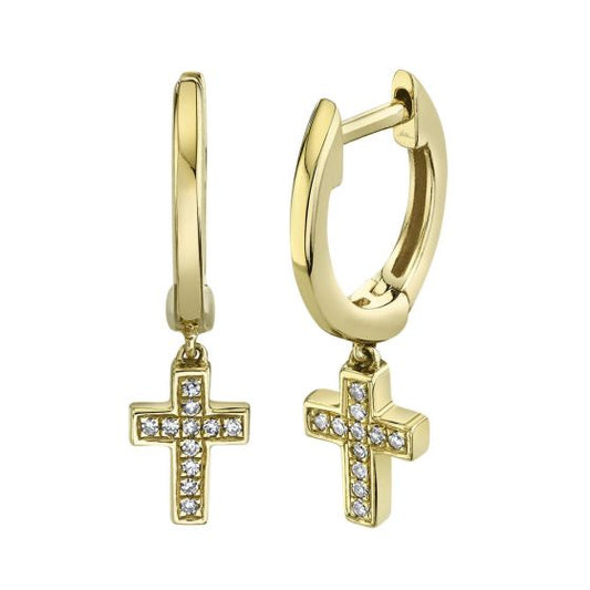 Shy Creation 14k Gold Yellow 0.04 ct. Diamond Cross Charm Huggie Earrings