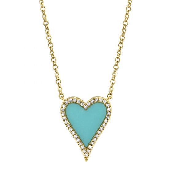 Shy Creation 14k Gold Yellow 0.09Ct Diamond & 0.69Ct Composite Turquoise Heart Necklace