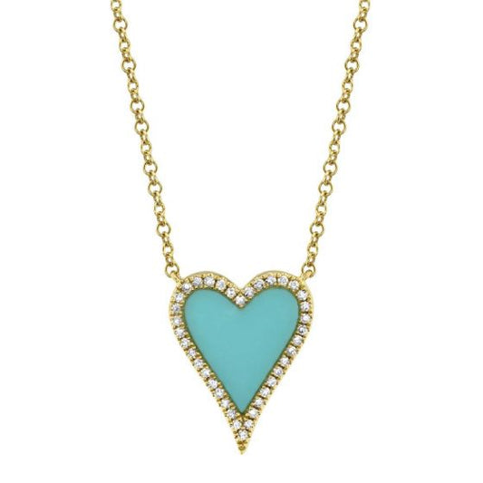 Shy Creation 14k Gold Yellow 0.09Ct Diamond & 0.69Ct Composite Turquoise Heart Necklace