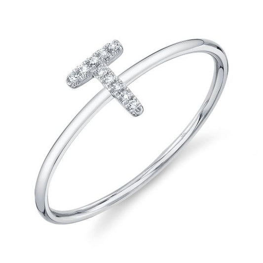 Shy Creation 14k Gold White 0.03Ct Diamond Ring - Initial T