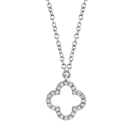 Shy Creation 14k Gold White 0.08Ct Diamond Clover Necklace