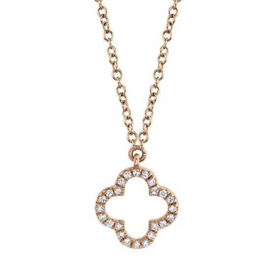 Shy Creation 14k Gold Rose 0.08Ct Diamond Clover Necklace
