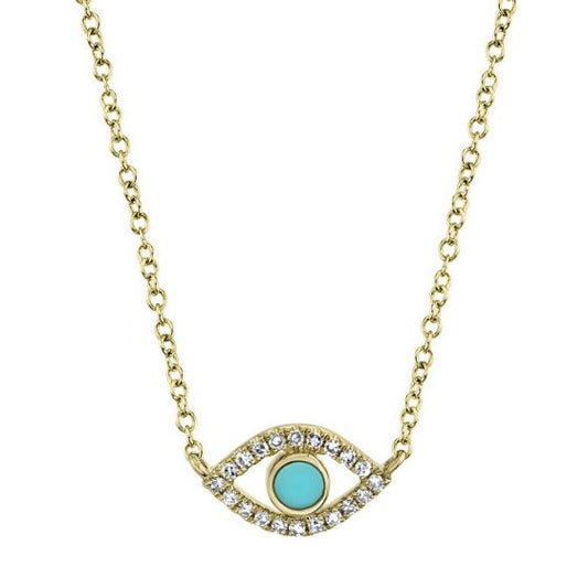 Shy Creation 14k Gold Yellow 0.06Ct Diamond & 0.07Ct Composite Turquoise Eye Necklace