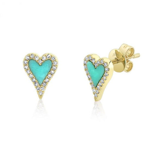 Shy Creation 14k Gold Yellow 0.13Ct Diamond & 0.36Ct Composite Turquoise Heart Stud Earring