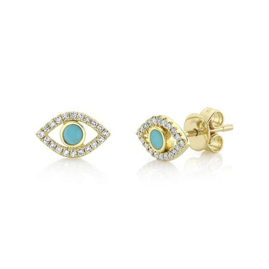 Shy Creation 14k Gold Yellow 0.12Ct Diamond & 0.14Ct Composite Turquoise Eye Stud Earring