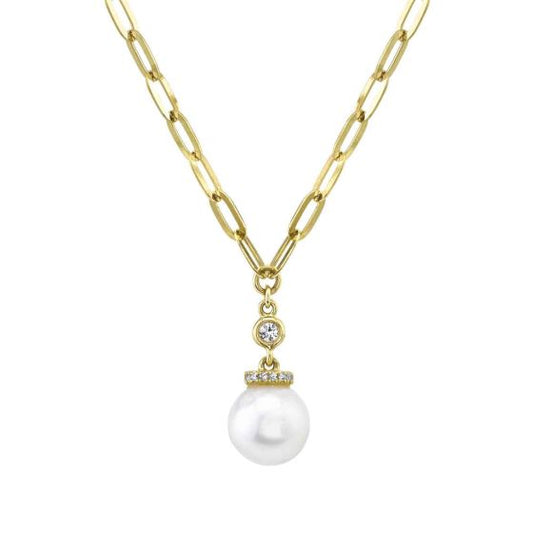 Shy Creation 14k Gold Yellow 0.05Ct Diamond & Cultured Pearl Paper Clip Link Necklace