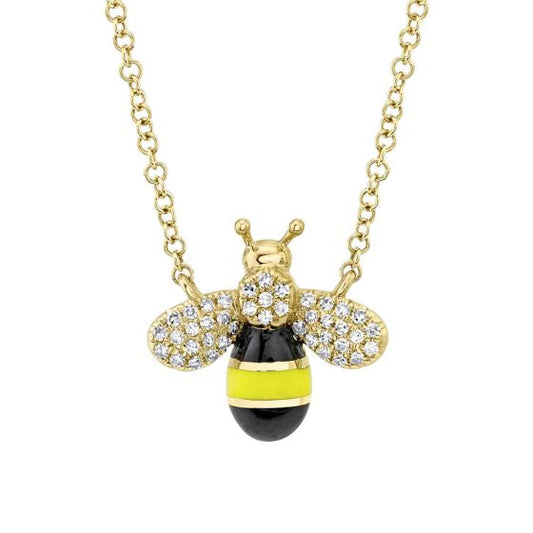 Shy Creation 14k Gold Yellow 0.09Ct Diamond & Black & Yellow Enamel Bee Necklace