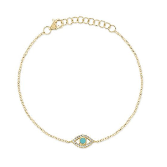 Shy Creation 14k Gold Yellow 0.06Ct Diamond & 0.07Ct Composite Turquoise Eye Bracelet