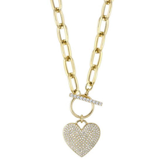 Shy Creation 14k Gold Yellow 0.50Ct Diamond Paper Clip Link Pave Heart Necklace