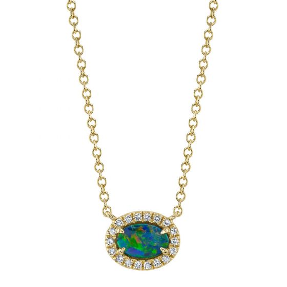 Shy Creation 14k Gold Yellow 0.05Ct Diamond & 0.33Ct Opal Necklace