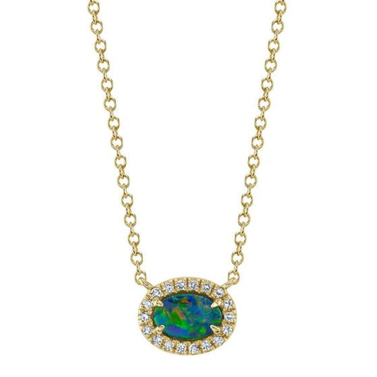 Shy Creation 14k Gold Yellow 0.05Ct Diamond & 0.33Ct Opal Necklace