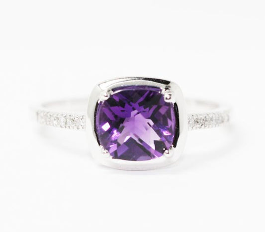 14K White Gold Cushion Amethyst Diamond Ring
