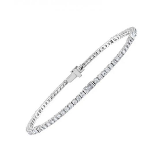 14K White Gold Round and Baguette Diamond Line Tennis Bracelet, 7”