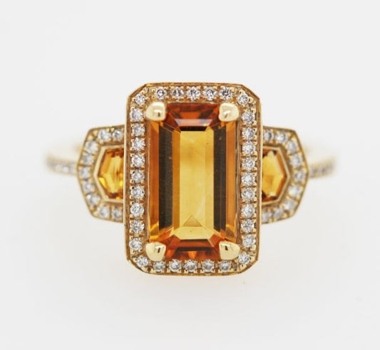 14K Yellow Gold Emerald Cut Citrine Diamond Halo Three Stone Ring