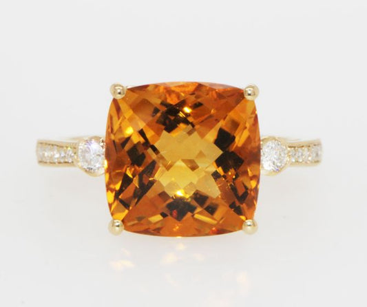 14K Yellow Gold Cushion Citrine Diamond Ring