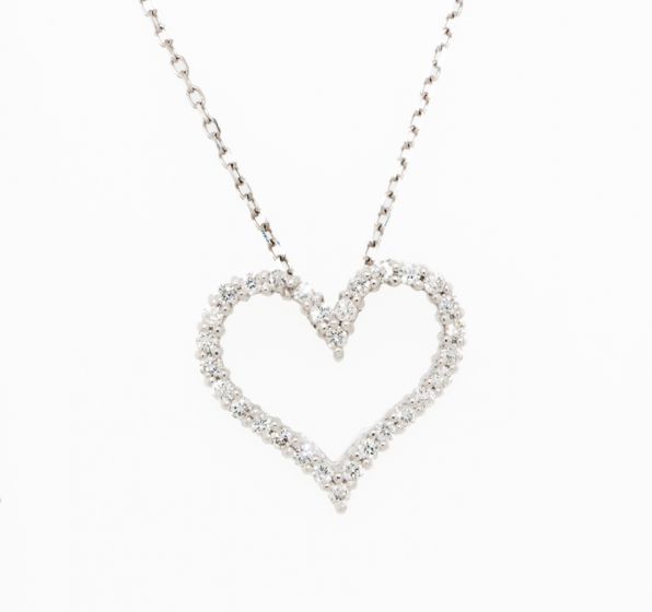 14K White Gold Open Heart Diamond Pendant Necklace, 16”