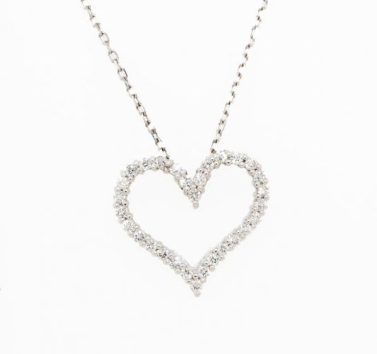 14K White Gold Open Heart Diamond Pendant Necklace, 16”