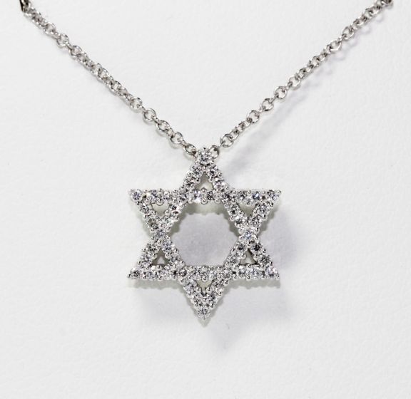 14K White Gold Star of David Diamond Pendant Necklace