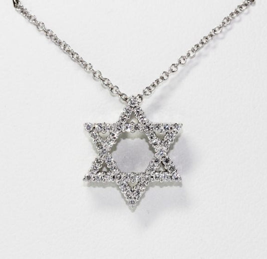 14K White Gold Star of David Diamond Pendant Necklace