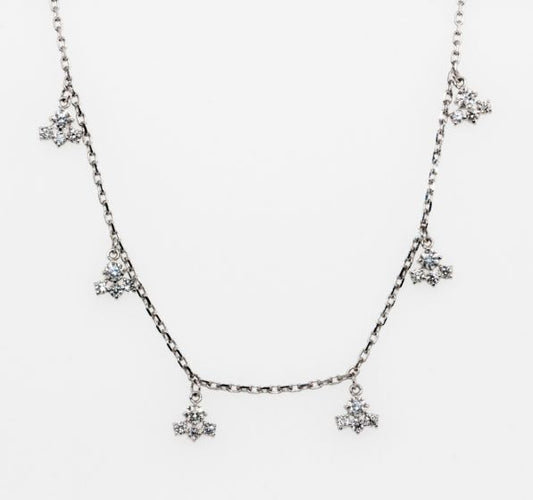 14K White Gold Diamond Cluster Dangle Necklace, 16”