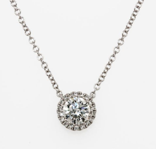 14K White Gold Round Diamond Halo Pendant Necklace