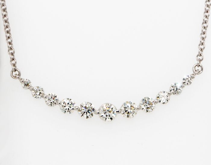 14K White Gold Graduated Round Diamond Curved Bar Necklace