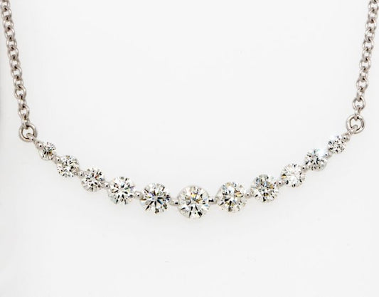 14K White Gold Graduated Round Diamond Curved Bar Necklace