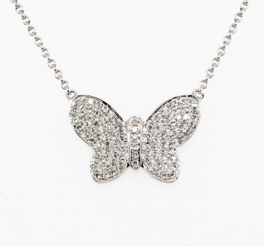 14K White Gold Pave Diamond Butterfly Pendant Necklace, 17”