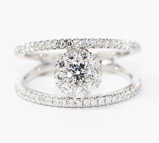 18K White Gold Diamond Halo Cluster Split Shank Ring