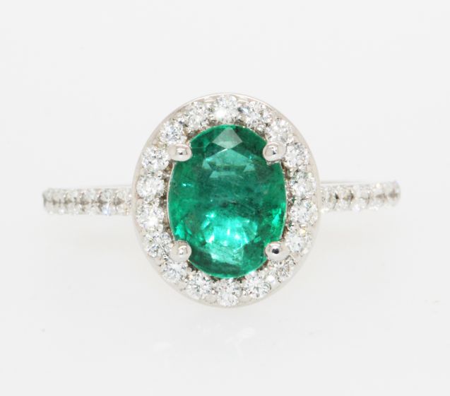 14K White Gold Oval Emerald Diamond Halo Ring