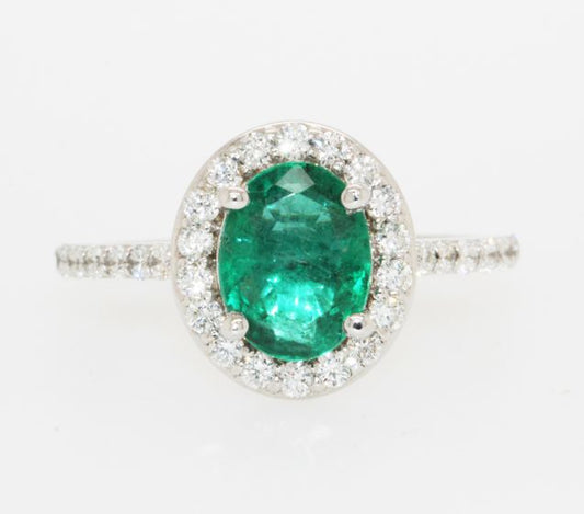 14K White Gold Oval Emerald Diamond Halo Ring