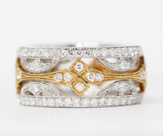 Estate 18K White and Yellow Gold Cut Out Design Diamond Band
