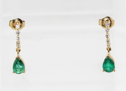 Estate 14K Yellow Gold Pear Shape Emerald and Diamond Drop Earrings