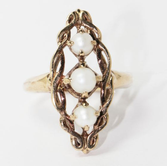Estate Vintage 10K Yellow Gold Cultured Pearl Shield Ring