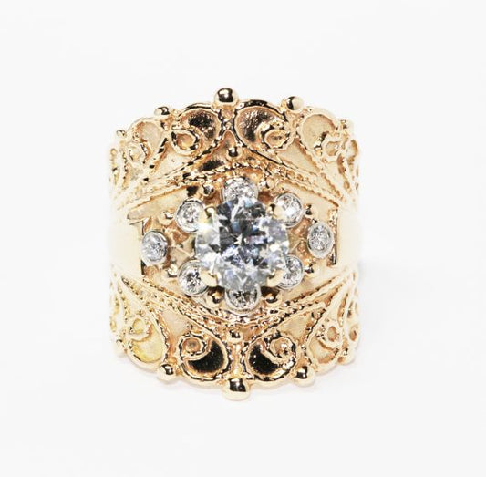 Estate 14K Yellow Gold 1.16ct Transitional Cut Diamond Ornate Tapered Ring