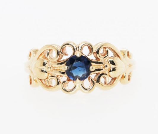 Estate 14K Yellow Gold Blue Sapphire Open Work Ring