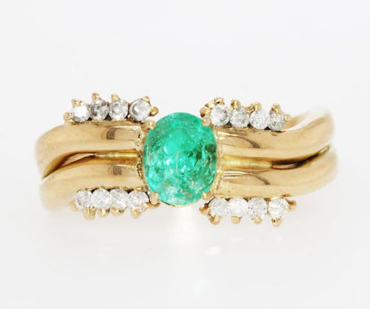 Estate 18K Yellow Gold Oval Emerald Diamond Ring