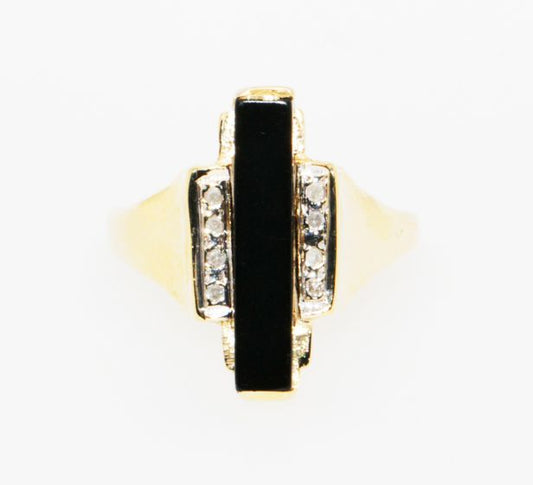 Estate 14K Yellow Gold Black Onyx and Diamond Ring