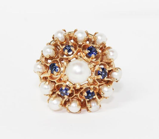 Estate 14K Yellow Gold Vintage Pearl and Faux Sapphire Cluster Ring