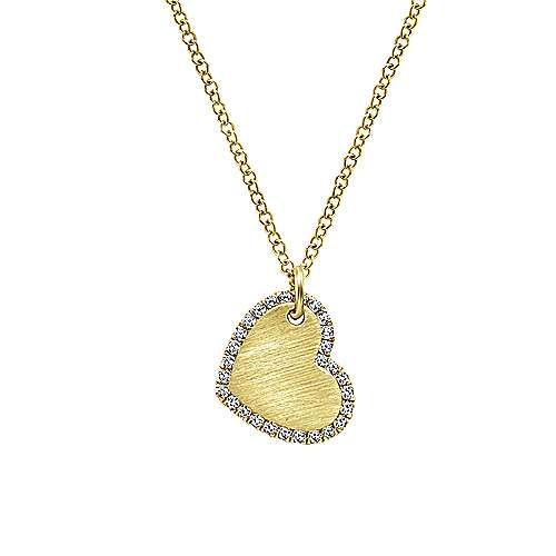 Gabriel & Co. Sideways 14K Yellow Gold Engraved Heart Pendant Necklace with Diamond Frame