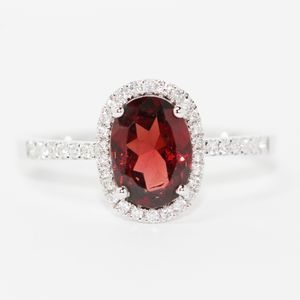 14K White Gold Oval Garnet Diamond Halo Ring